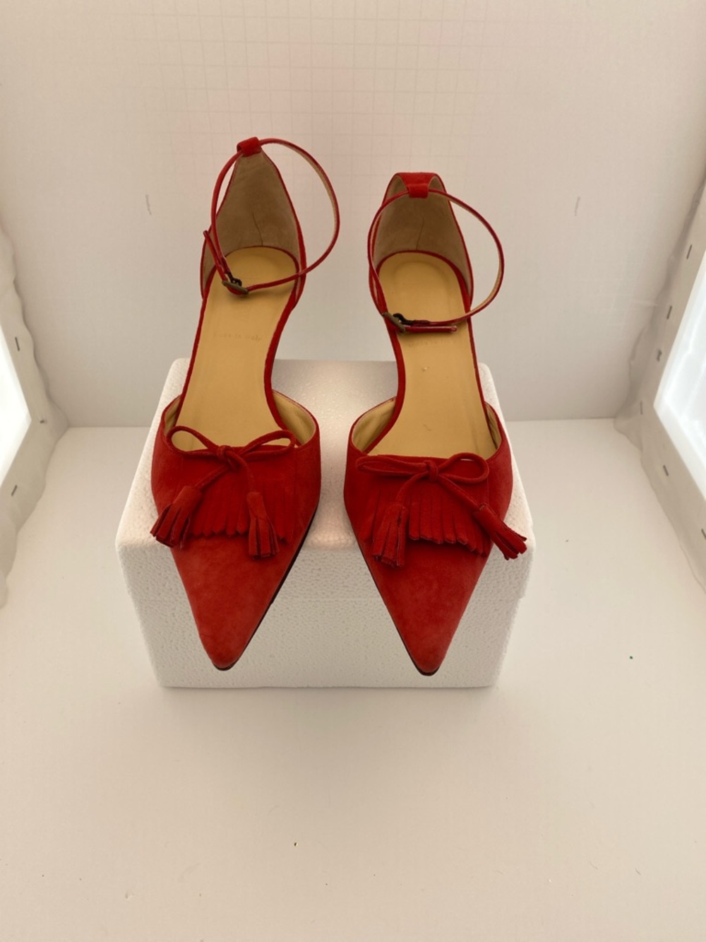 J. Crew Red Suede Pointed-Toe Ankle-Strap Heels with Tassel Bow